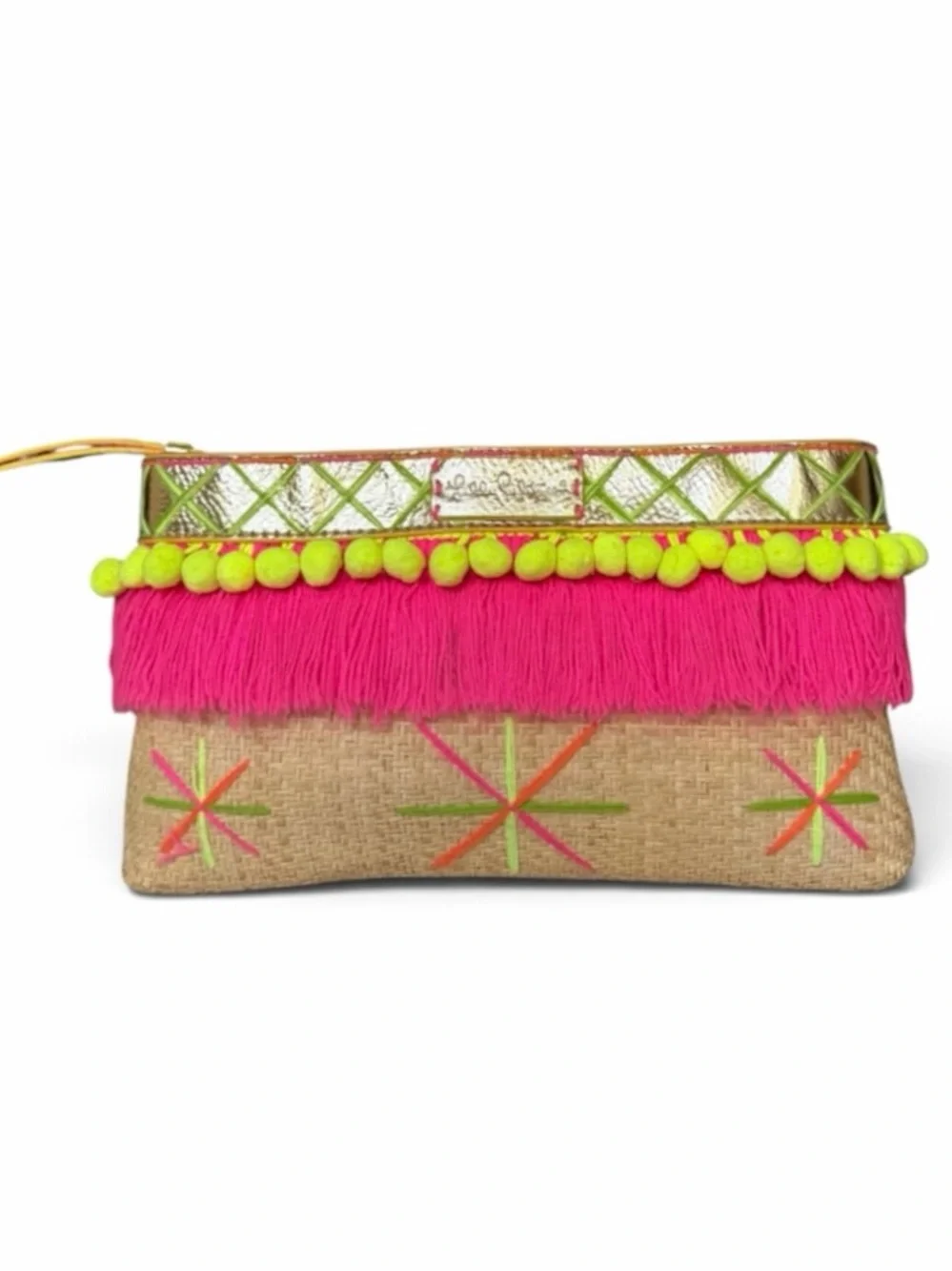 Lilly Pulitzer Baja Natural Woven Straw Fringe Pom Pom Clutch Bag
